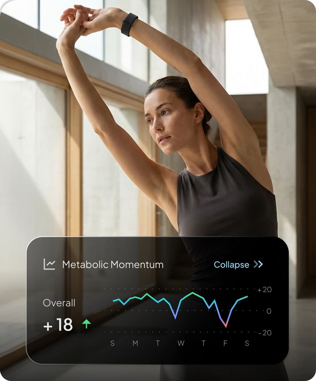 Woman wearing Hume Band while stretching — Metabolic Momentum chart shown on Hume app