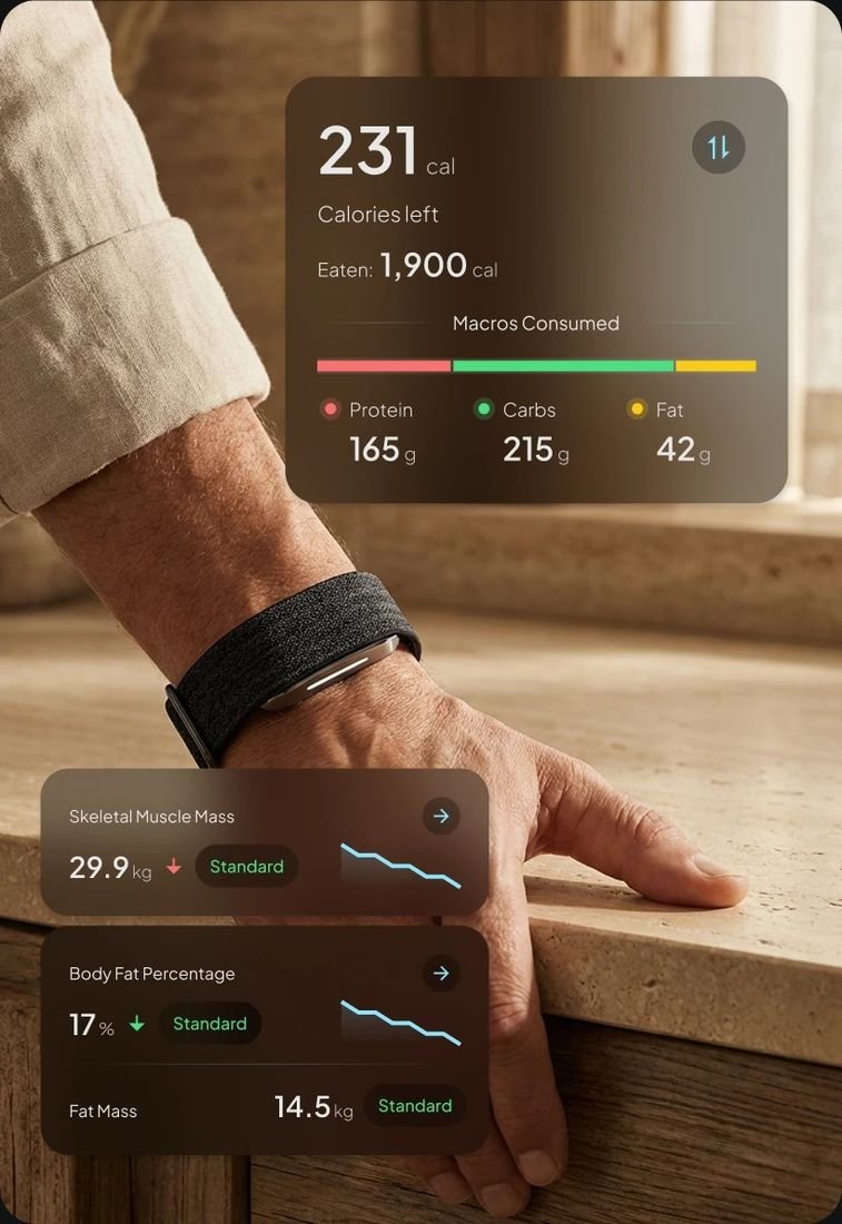 Hume Band 2.0 on wrist with app showing nutritional data — 14-day battery and 24/7 health monitoring