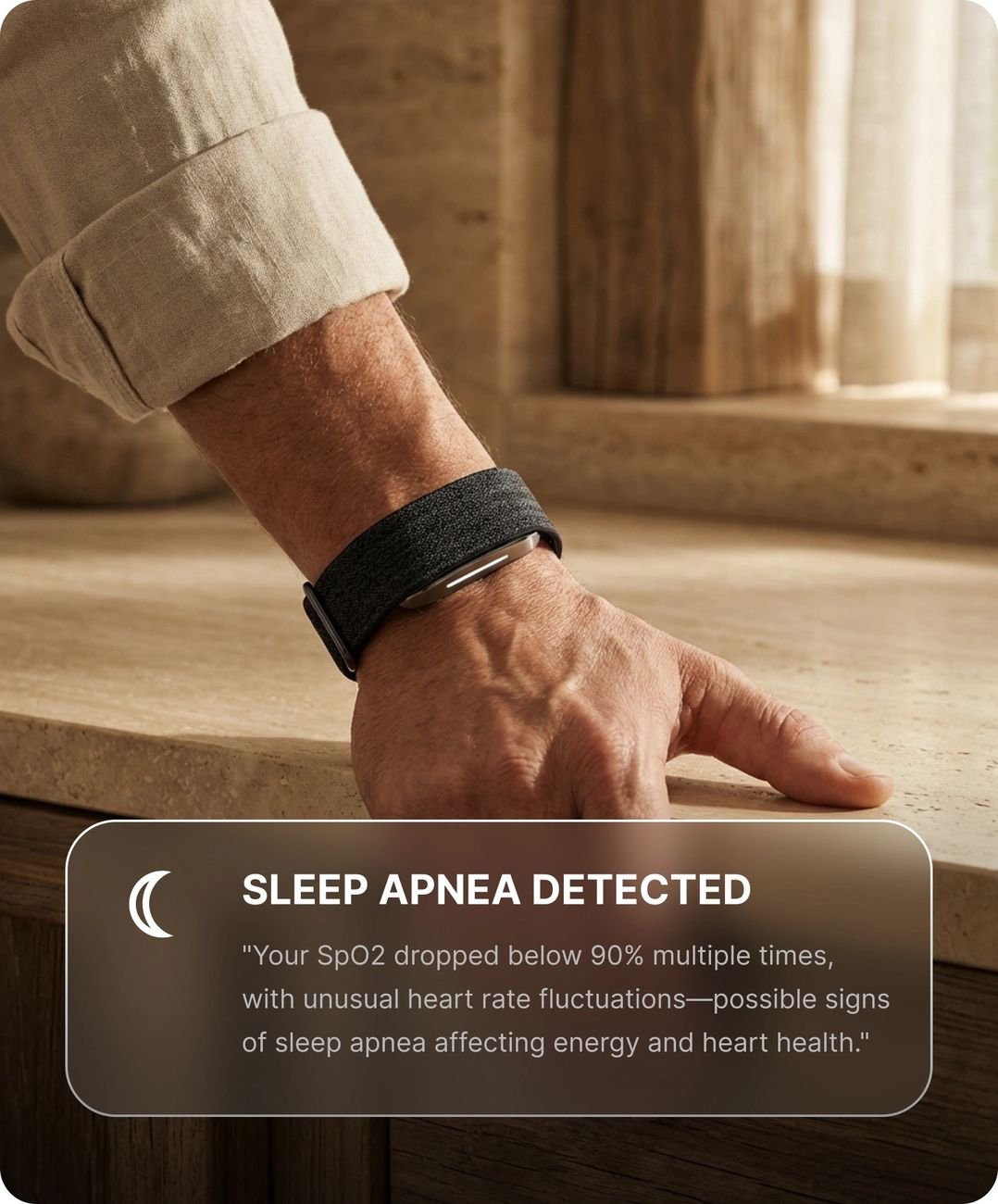 Hume Band on wrist detecting sleep apnea early — chronic illness detection alert in app