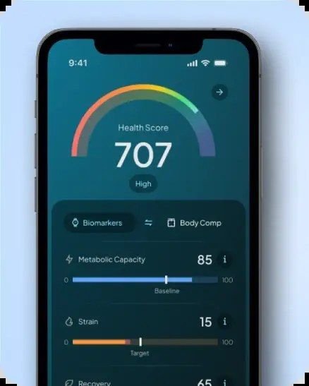 Hume Health app dashboard showing health score and metabolic capacity — HRV and sleep quality tracking